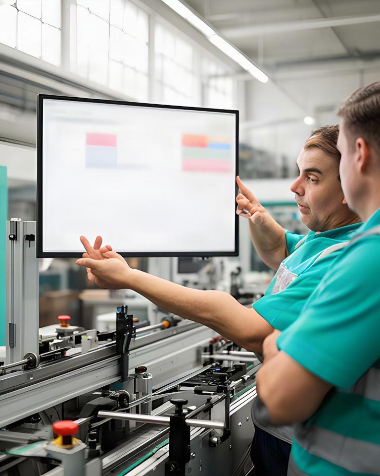 Medewerkers in een fabriek bekijken een digitaal orderdashboard bij een productielijn
