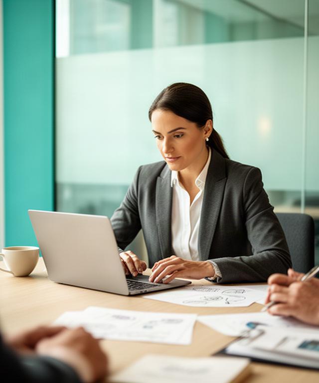 Zakelijke professional in een vergaderruimte met notities en een laptop