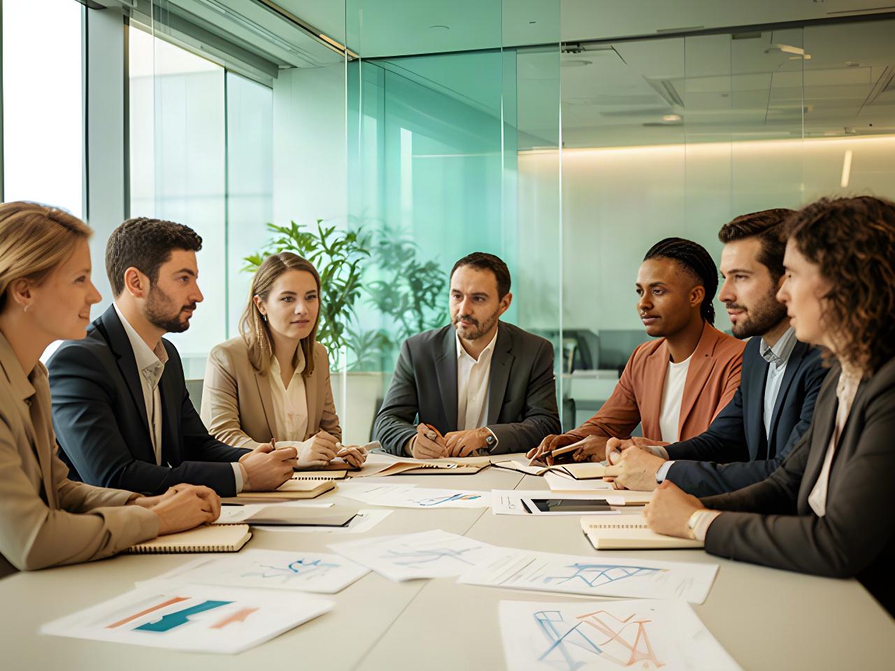 Strategisch overleg met adviseurs rond een tafel in een moderne kantooromgeving