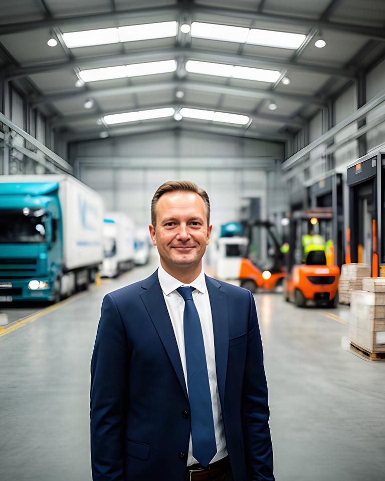 Directeur van een Rotterdamse logistieke dienstverlener in een distributiehal met vrachtwagens op de achtergrond
