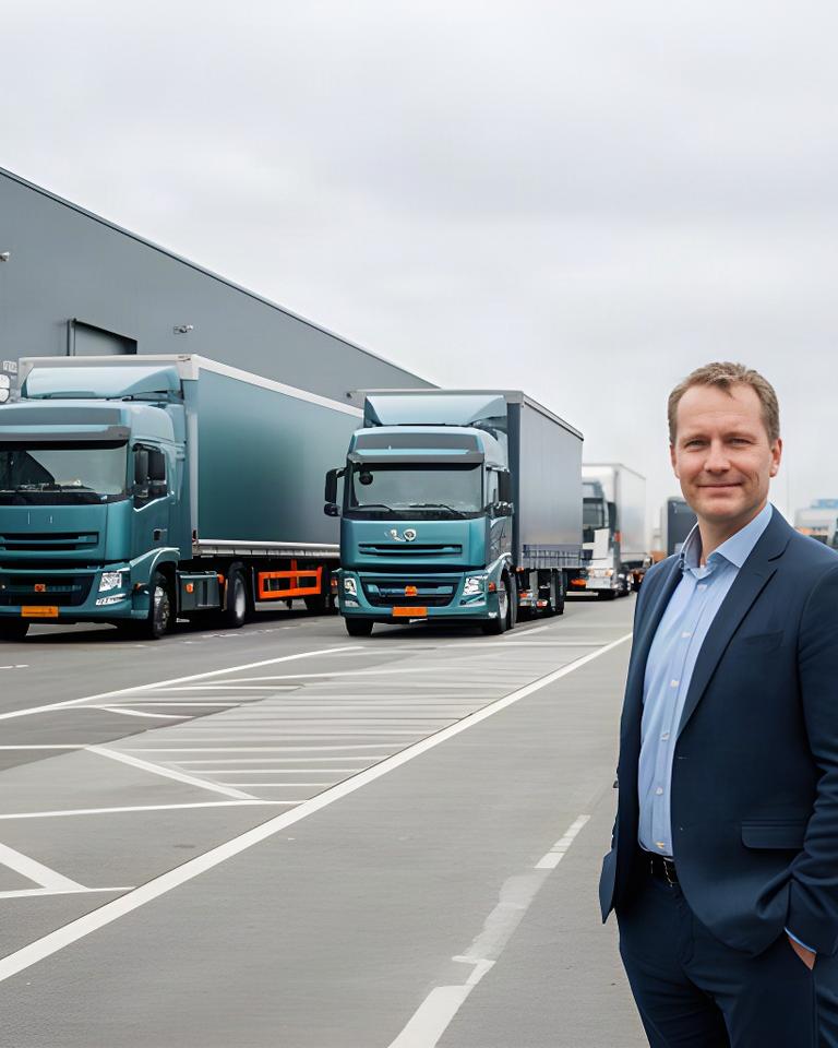 Logistiek manager naast vrachtwagens op een Rotterdams distributieterrein