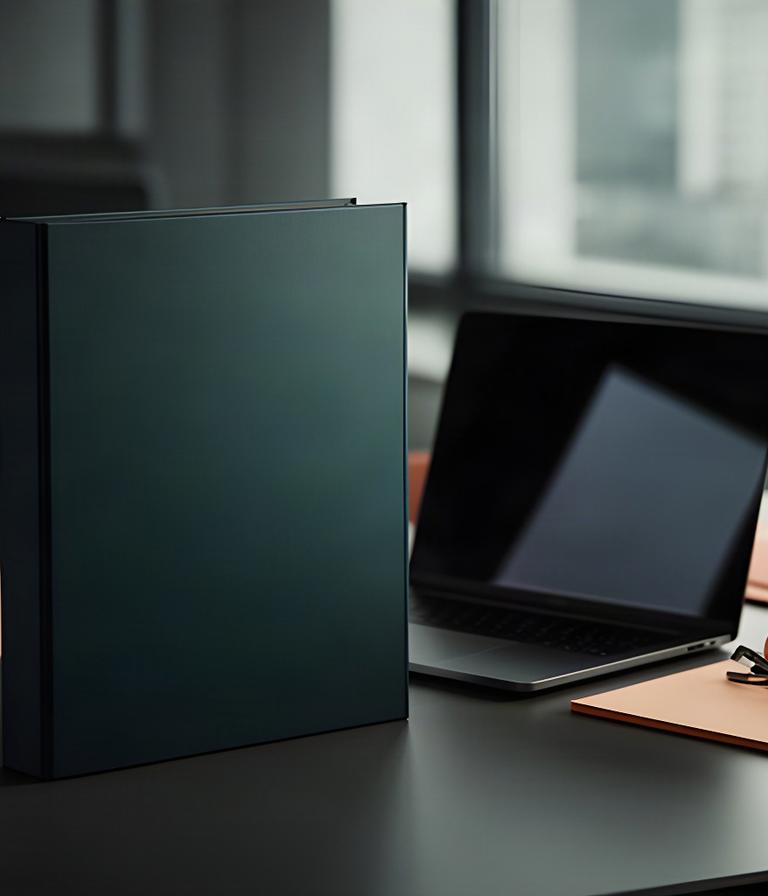 Gesloten dossiermap naast een beveiligde laptop in een professioneel kantoor