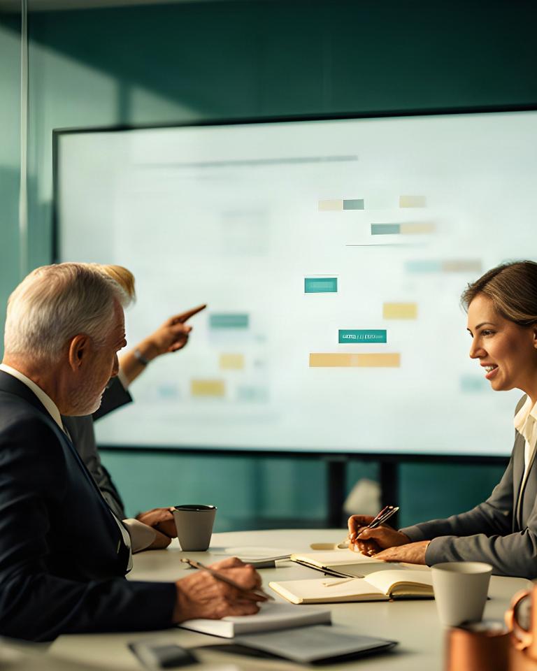 Directeur en adviseur bekijken een strategisch plan op een scherm in een kantoor