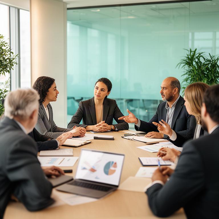 Adviseurs bespreken bedrijfsresultaten aan een tafel in een lichte kantoorruimte