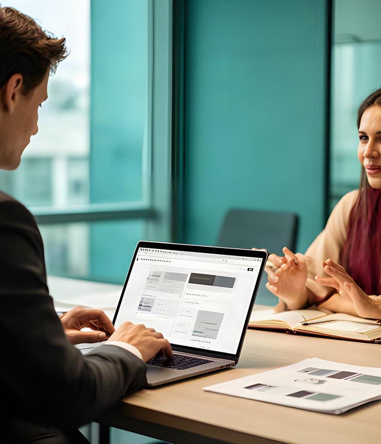 Zakelijke professional met laptop tijdens een vertrouwelijk overleg over projectinformatie