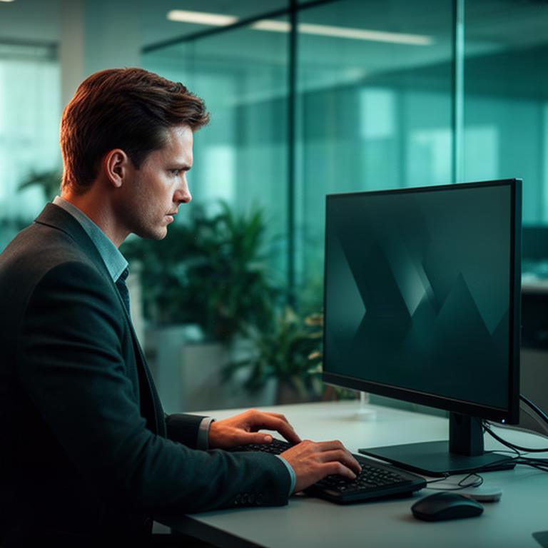 Consultant werkt geconcentreerd aan een beveiligde computer in een modern kantoor