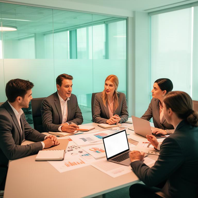 Adviseurs bespreken een groeiplan rond een tafel met grafieken in een modern kantoor