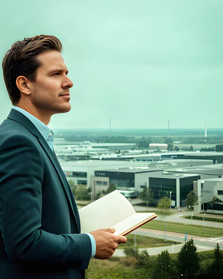 Zakelijke adviseur kijkt uit over een bedrijventerrein in Noord-Holland met notitieboek in de hand