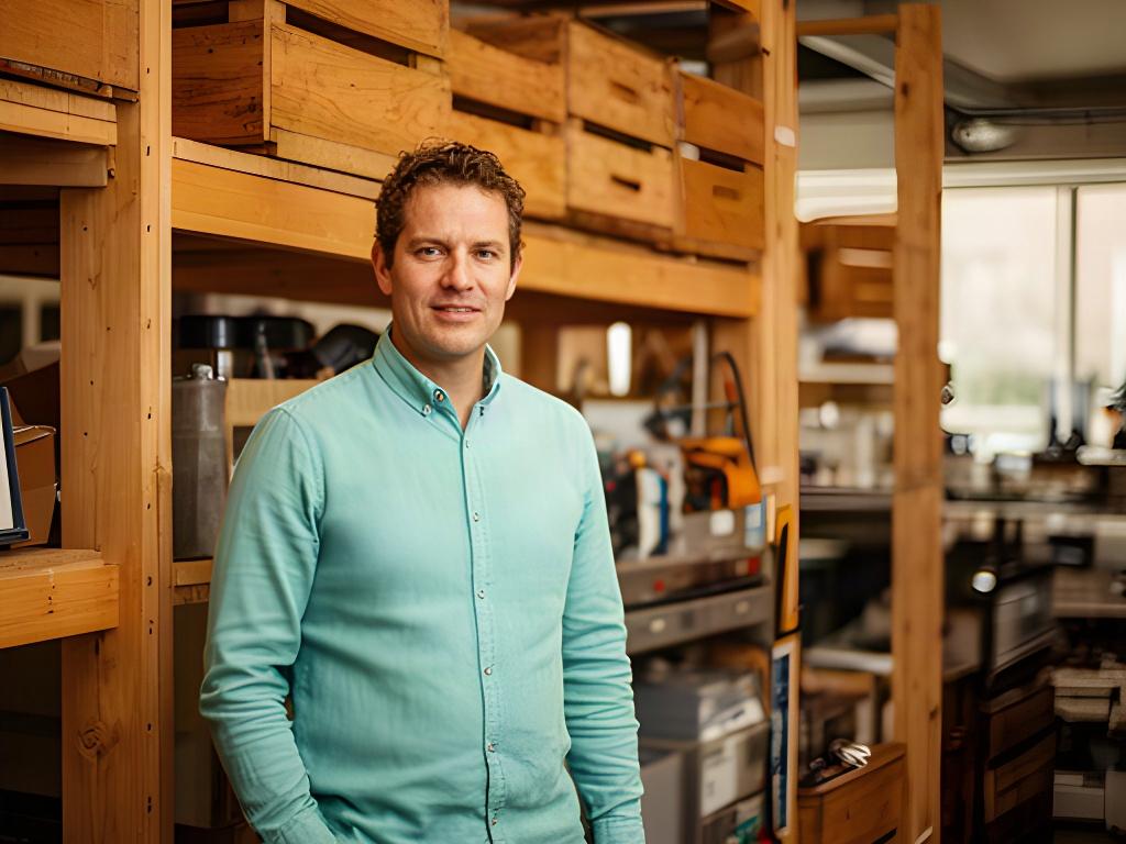 Mannelijke ondernemer in een Noord-Hollands familiebedrijf tussen houten magazijnstellingen