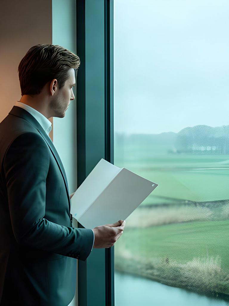 Zakelijke adviseur leest een analyse bij een raam met uitzicht op Noord-Holland